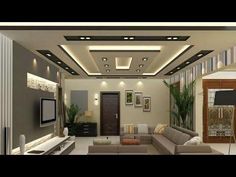 Salon moderne avec faux plafond design et éclairage intégré